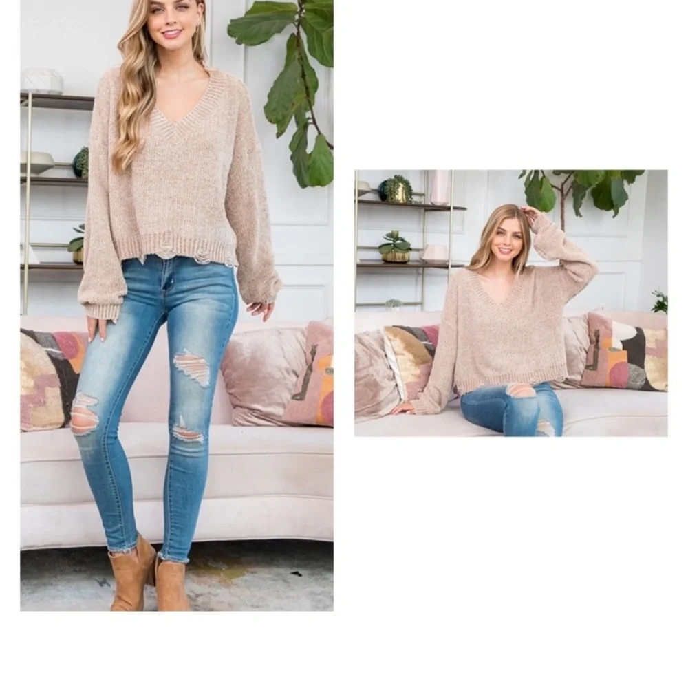Distressed Detail V-Neck Cable Knit Chenille Sweater - Picture 1 of 5